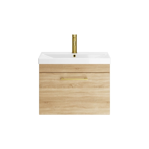Emily Natural Oak Wall Mounted 1 Drawer Vanity Unit, Thin-Edged Basin, Brushed Brass Handle & Overflow