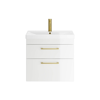 Emily Gloss White Wall Mounted 2 Drawer Vanity Unit, Thin-Edged Basin, Brushed Brass Handles & Overflow