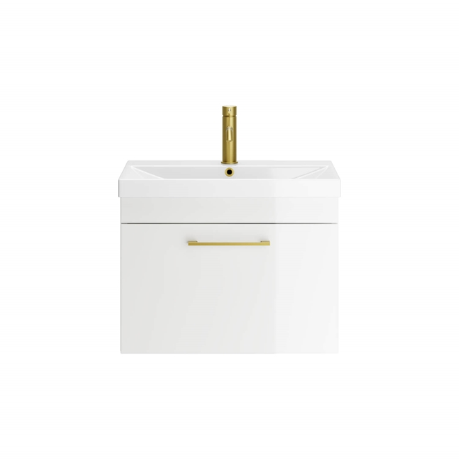 Emily Gloss White Wall Mounted 1 Drawer Vanity Unit, Thin-Edged Basin, Brushed Brass Handle & Overflow