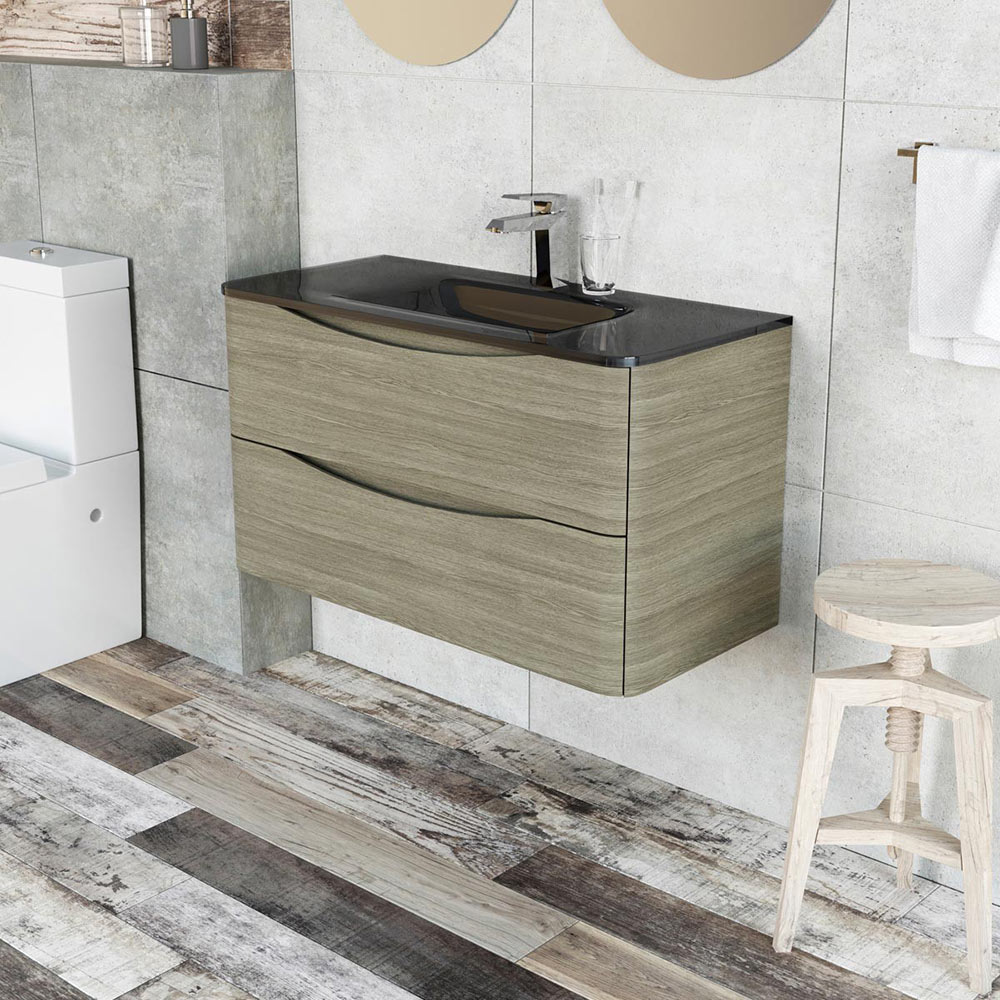 Harbour Clarity 900mm Wall Hung Light Oak Vanity Unit & Grey Glass