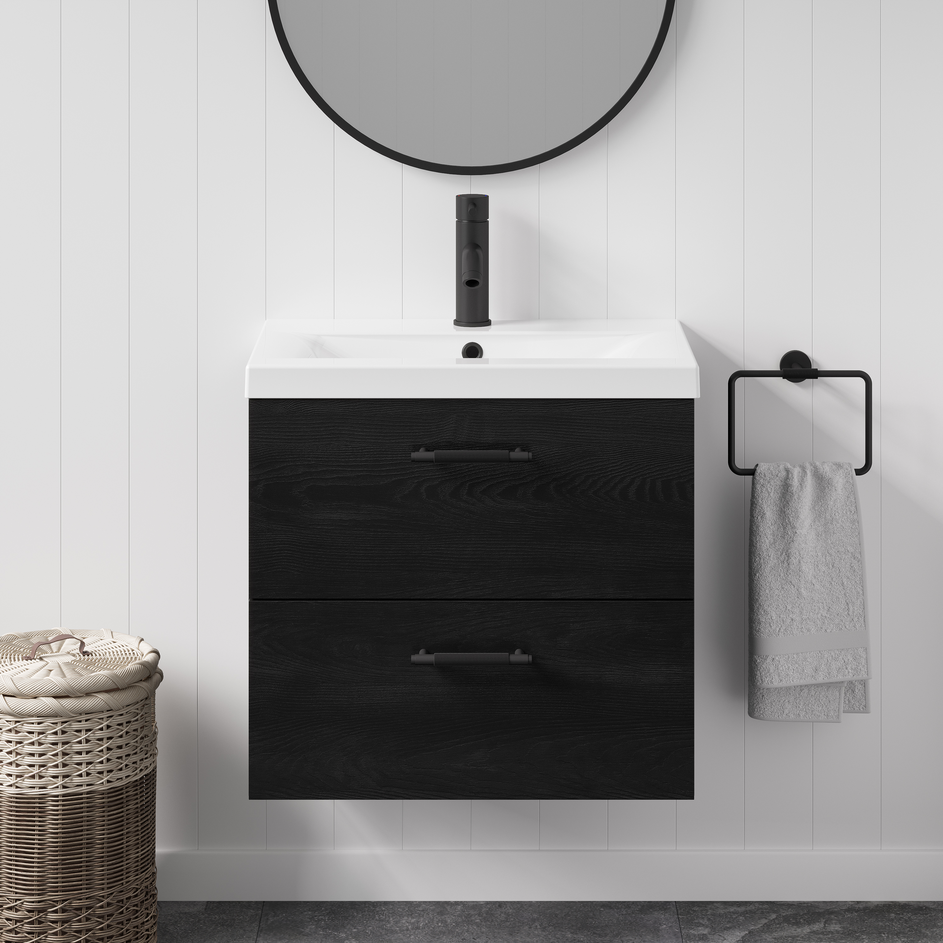 Erin 600mm Wall Mounted 2 Drawer Black Charcoal Vanity Unit & Basin