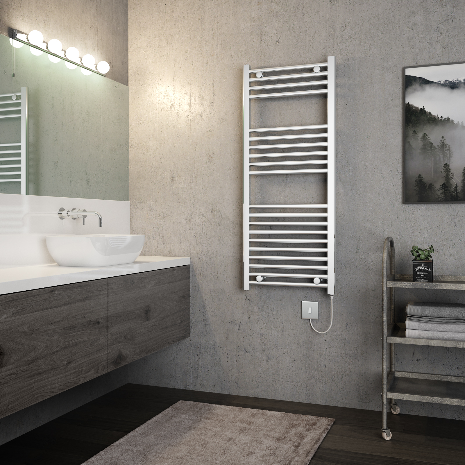 h x 1200mm w 600W 500mm Pre-filled Electric "Apollo" Anthracite Towel Rail 