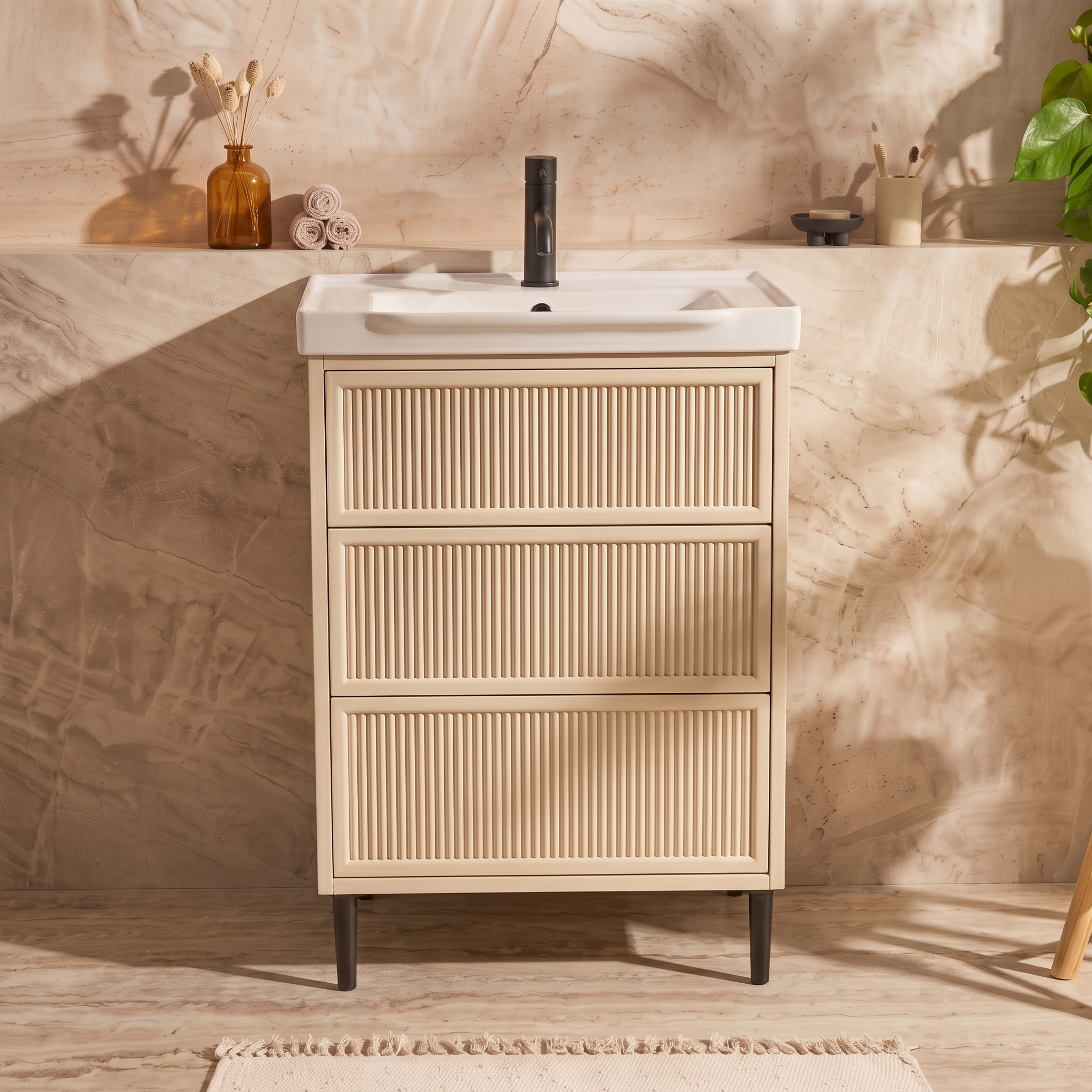Elara 600mm Floorstanding Stone Fluted Vanity Unit & Basin with Leg Set