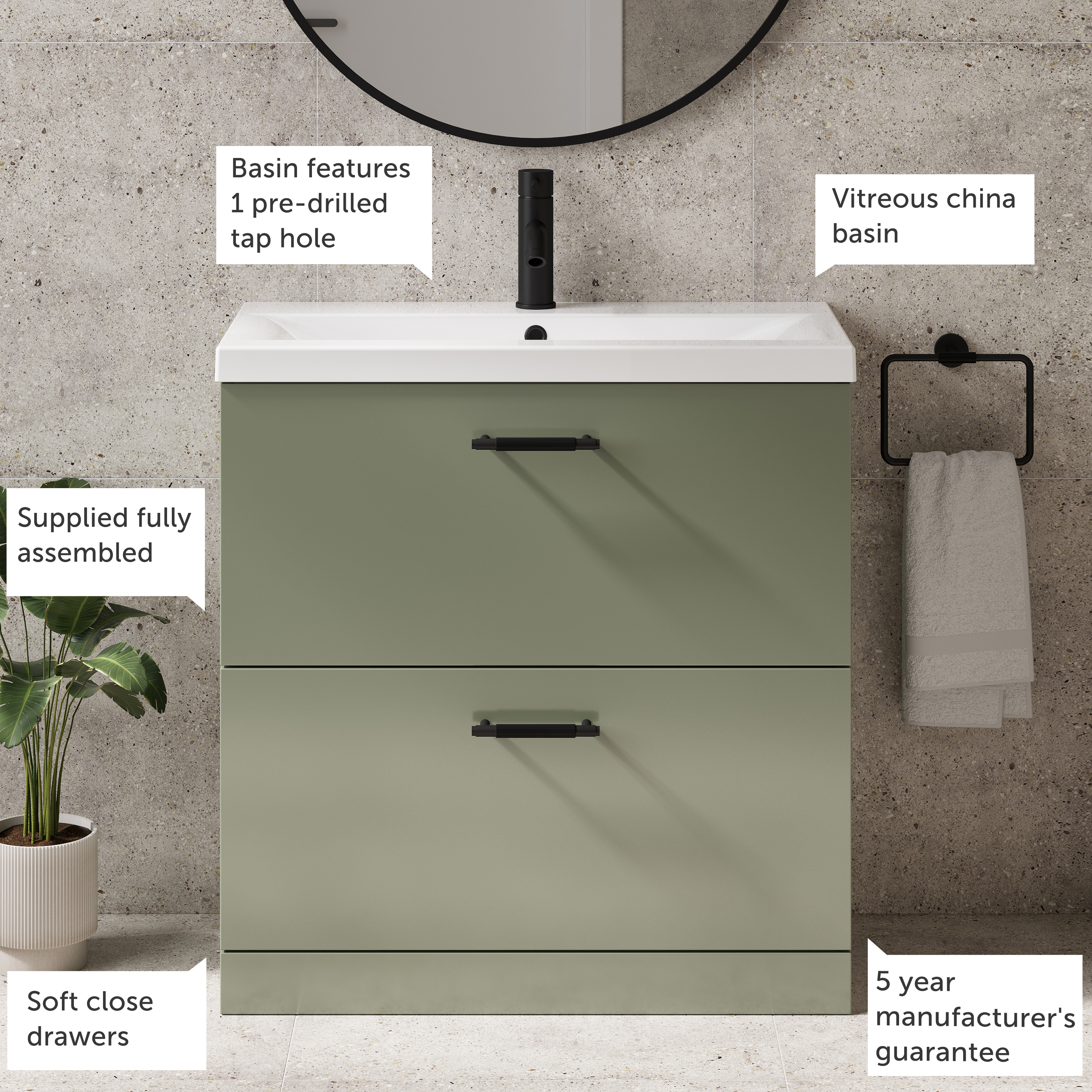Erin 800mm Floorstanding 2 Drawer Vanity Unit & Basin