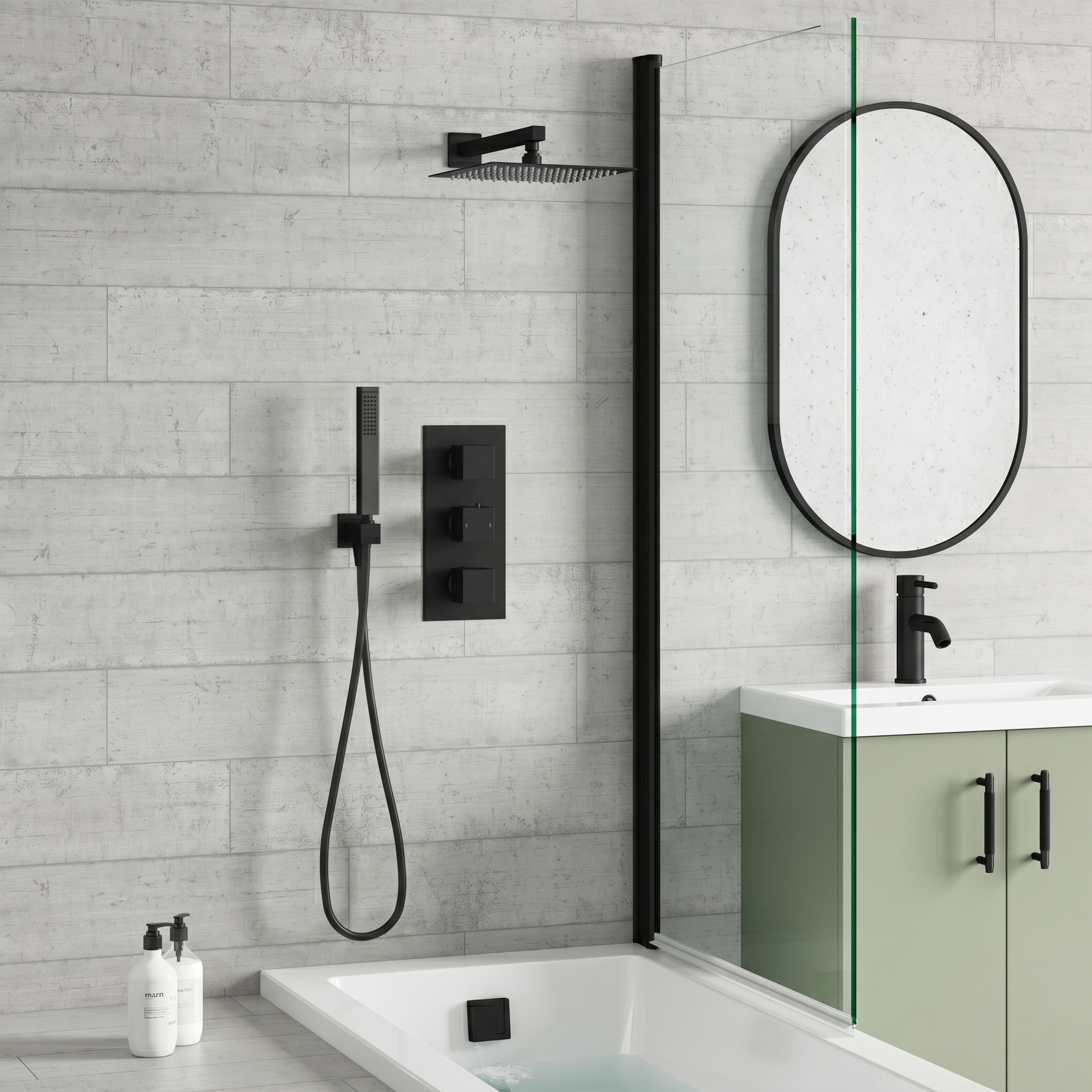 Harbour Status Matt Black Shower Package with 3 Outlet Valve, Fixed Head & Arm, Wall Shower Kit & Overflow Bath Filler