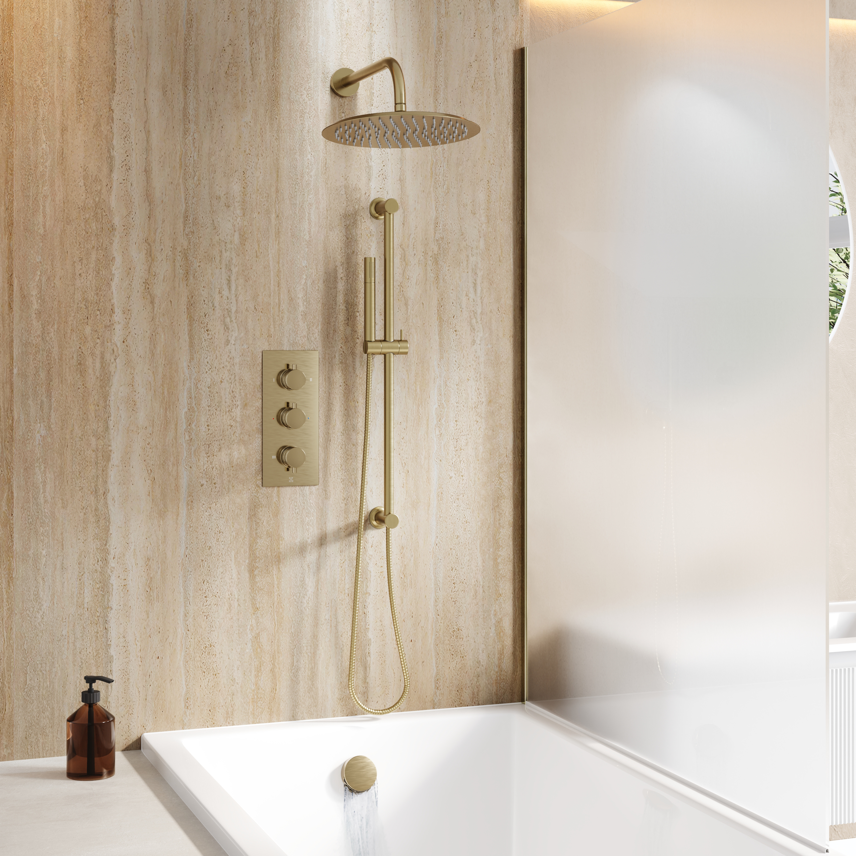 Core Shower Package with 3 Outlet Portrait Concealed Valve, Fixed Shower Head, Slide Rail Kit & Overflow Bath Filler