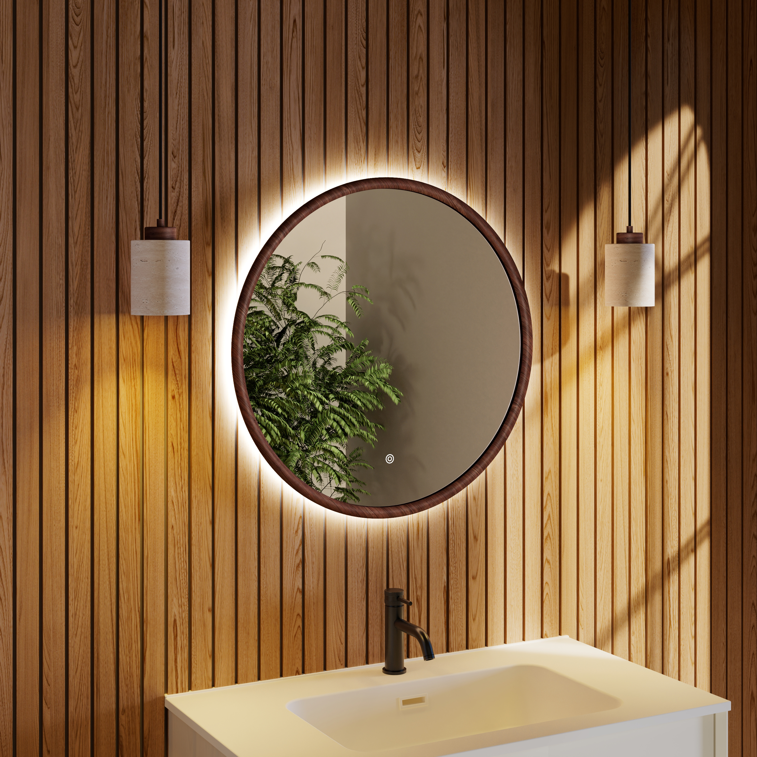 Drench Alfie LED Illuminated Wood Effect Framed Mirror with Demister Pad & Colour Change Lights - 600mm