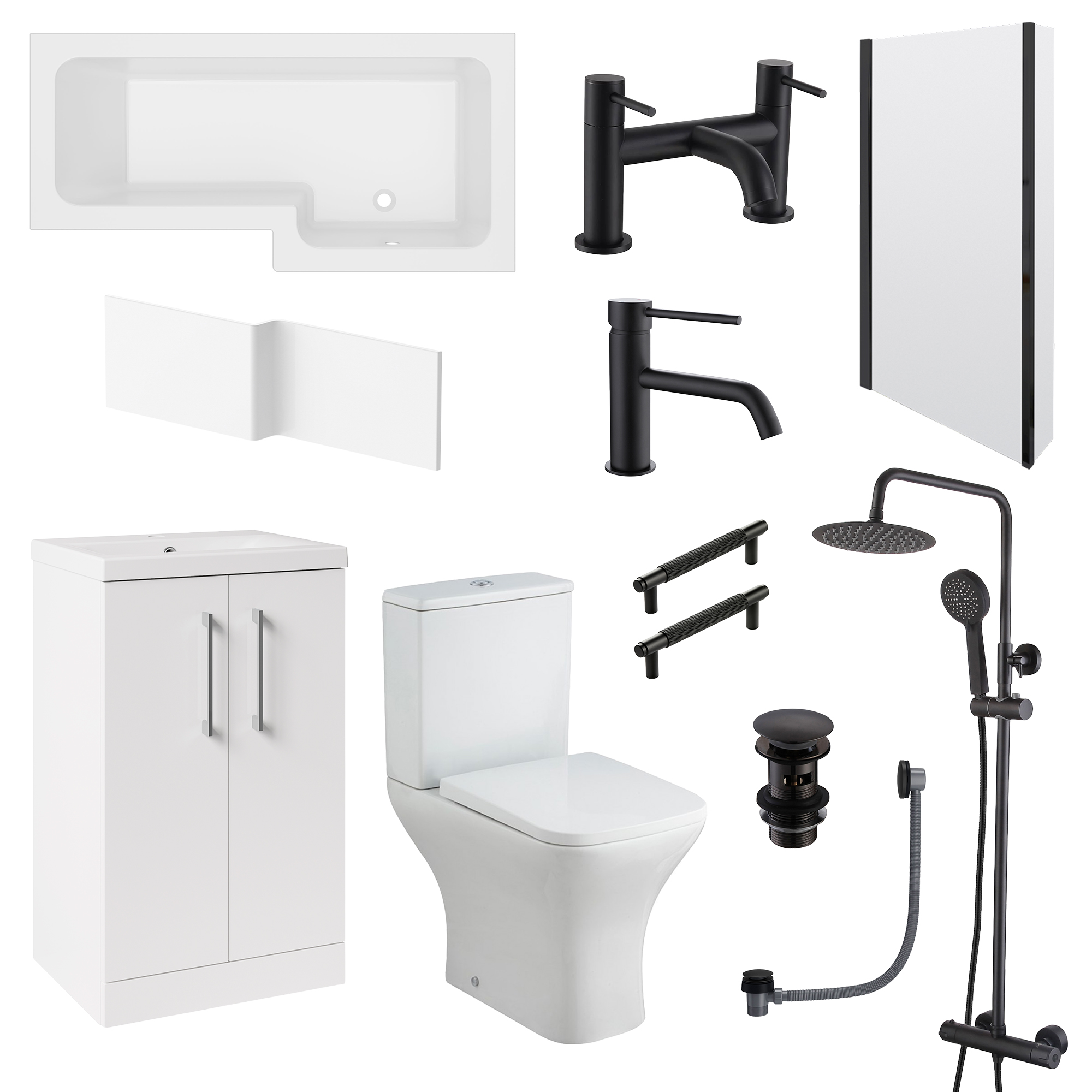 Erin Complete Modern Matt Black Bathroom Suite with 1700mm L Shaped Shower Bath & Rimless Toilet