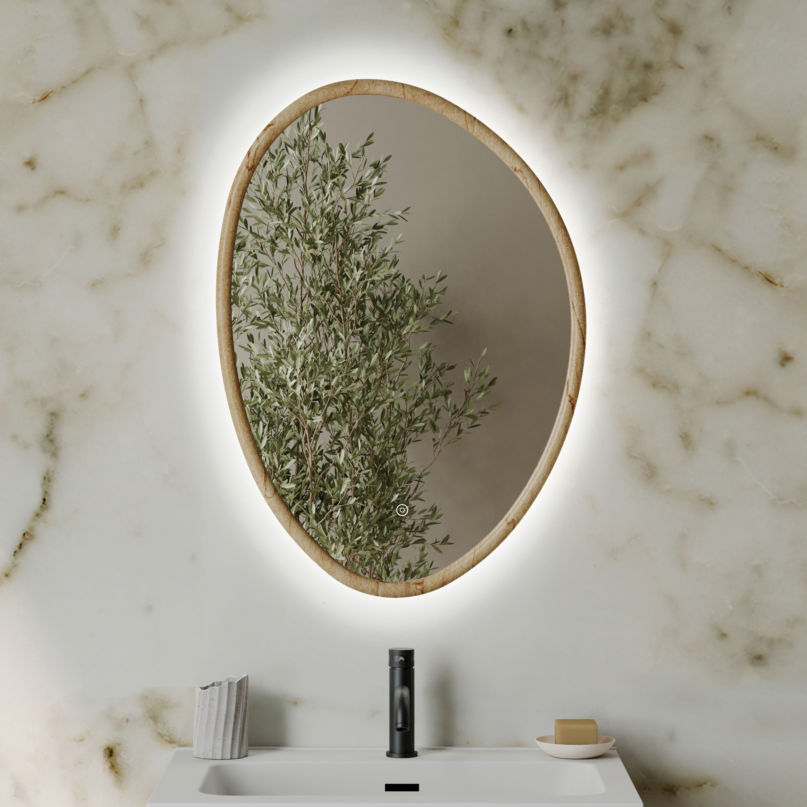 Siena LED Illuminated Stone Effect Framed Mirror with Demister Pad & Colour Change Lights - 500 x 700mm