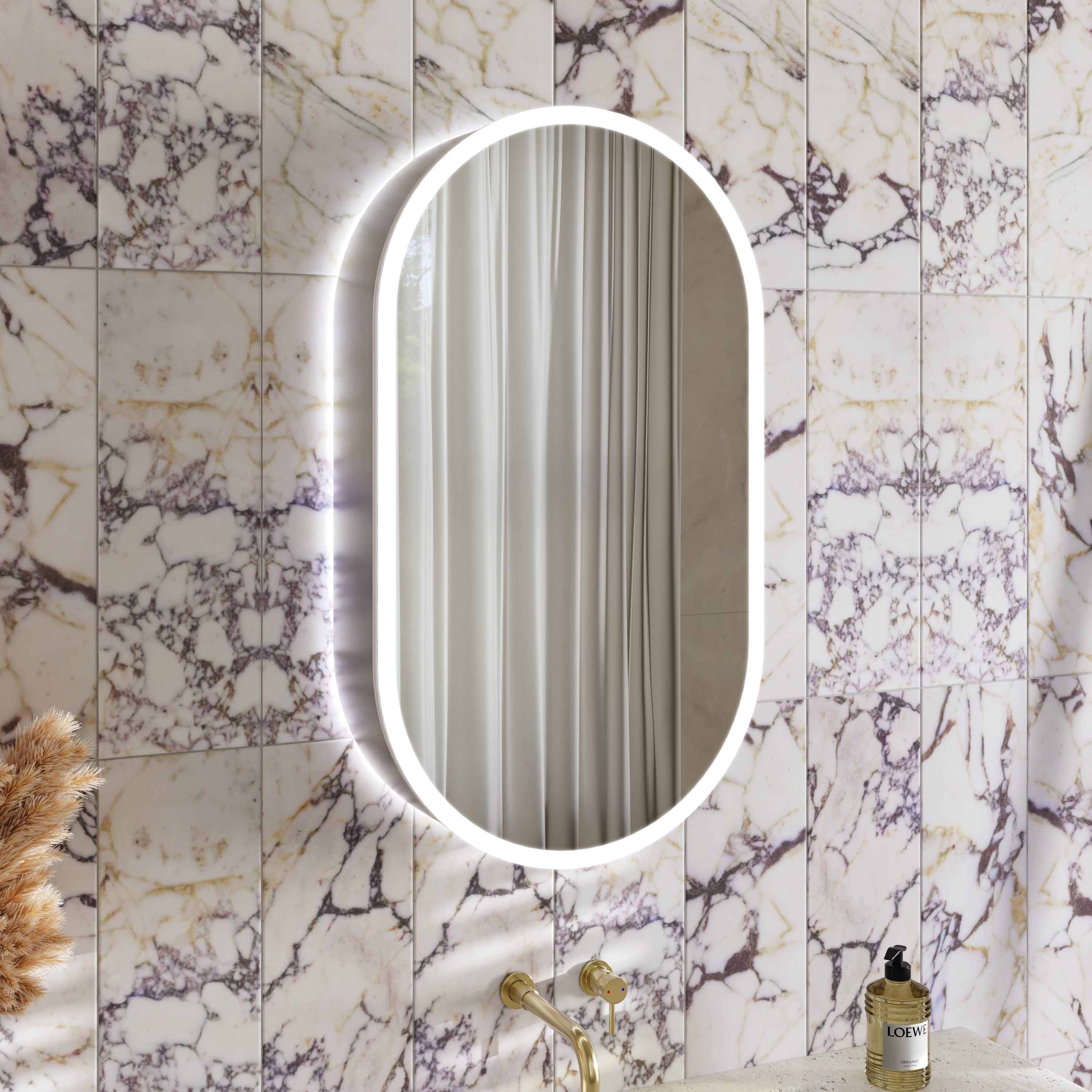 Billy LED Oval Mirrored Cabinet with Demister Pad, Shaver Socket & Colour Change Lights - 450 x 800mm