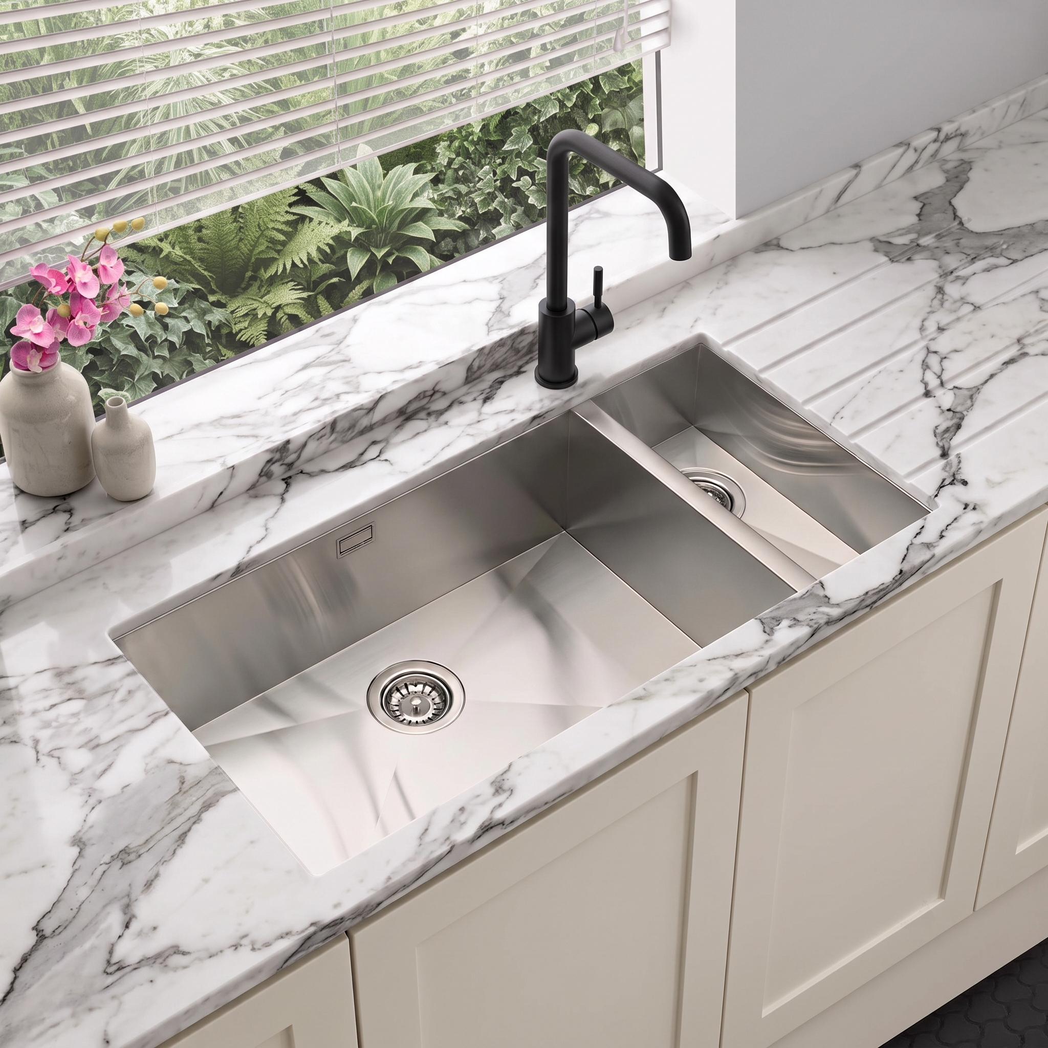 Vellamo Edge Extra Large 1.5 Bowl Inset/Undermount Brushed Stainless Steel Kitchen Sink & Waste with Left Hand Main Bowl - 890 x 430mm