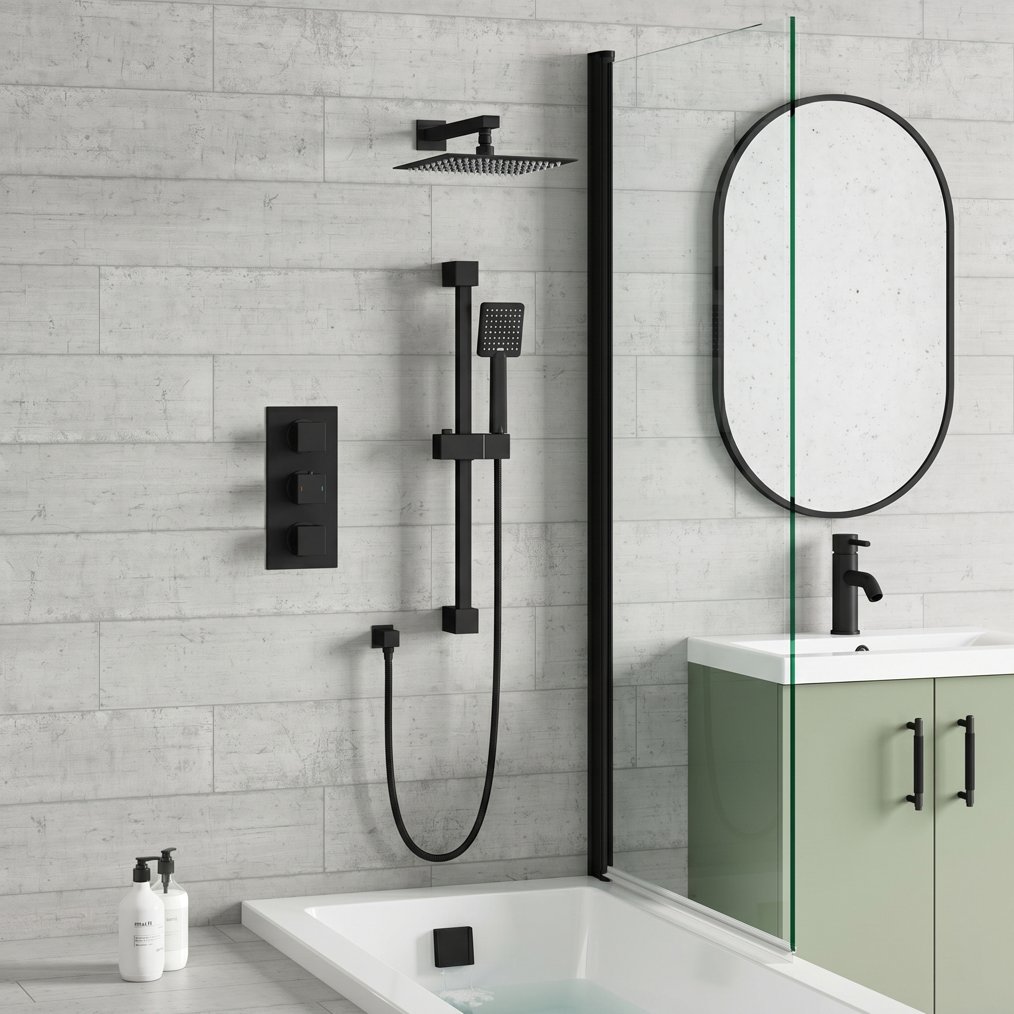 Harbour Status Matt Black Shower Package with 3 Outlet Valve, Fixed Head & Arm, Shower Rail Kit & Overflow Bath Filler