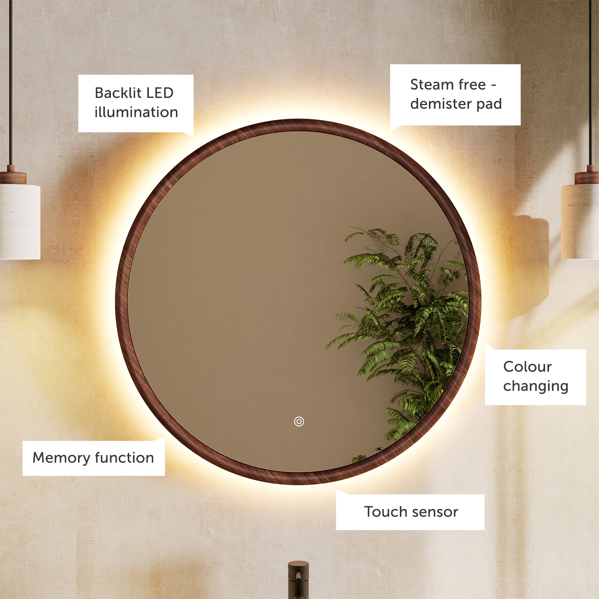 Alfie LED Illuminated Wood Effect Framed Mirror with Demister Pad & Colour Change Lights - 600mm