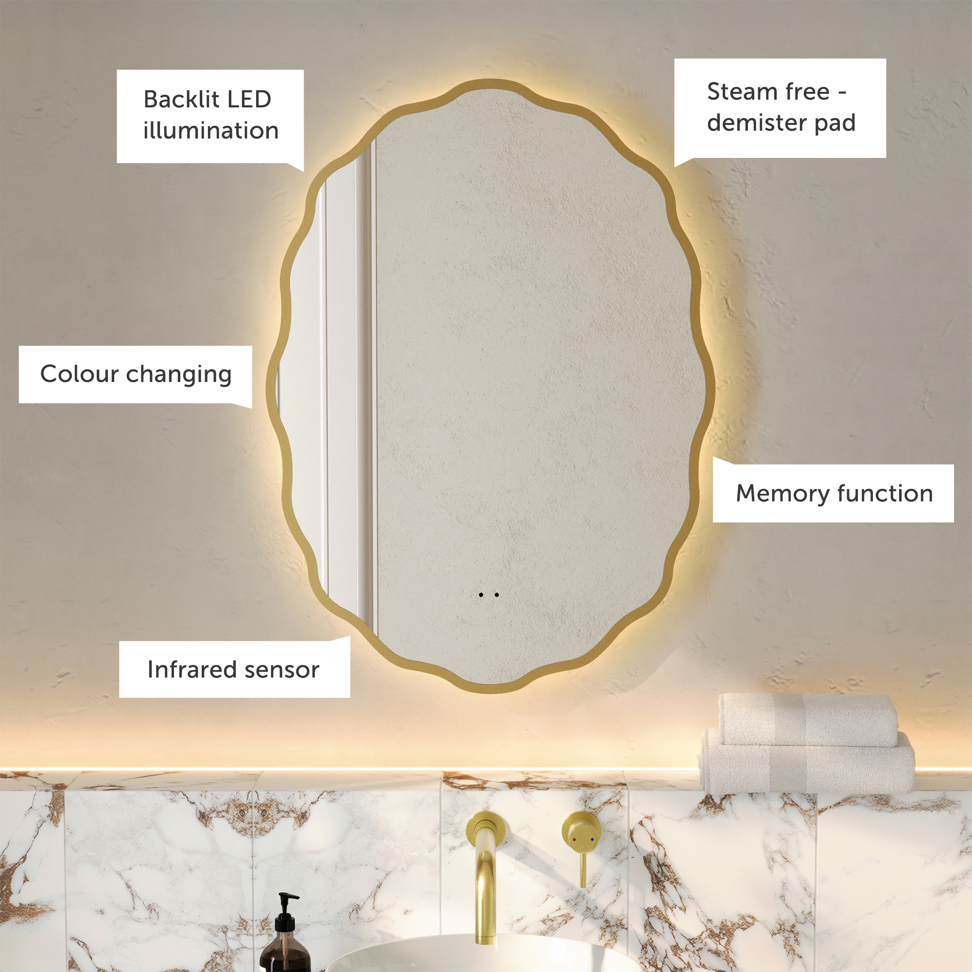Daisy LED Illuminated Wavy Edge Framed Mirror with Demister Pad & Colour Change Lights - 550 x 750mm