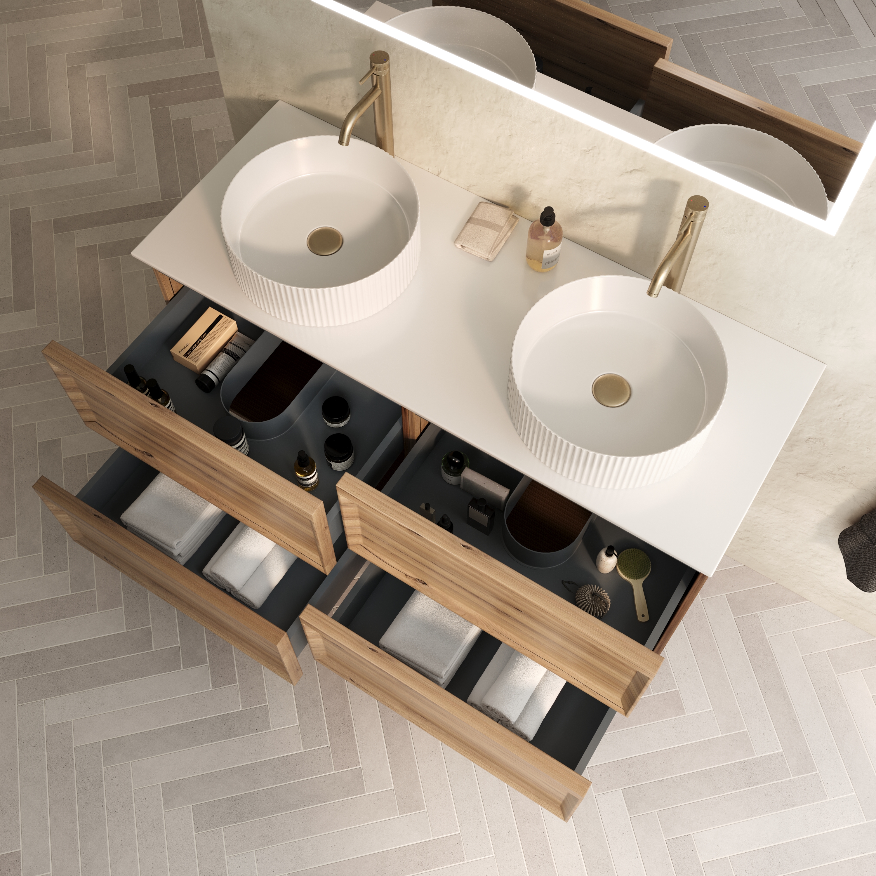 Aura 1200mm Wall Mounted Natural Oak Vanity Unit & Sintered Stone Countertop