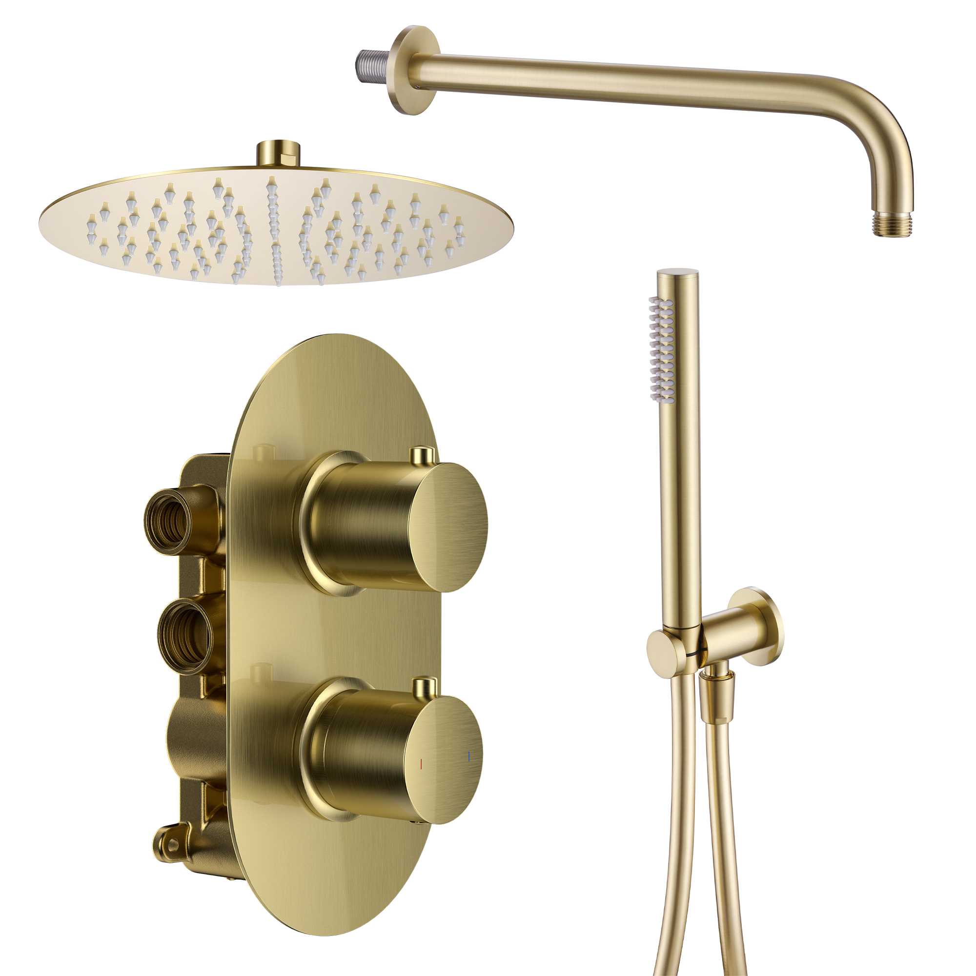 Harbour Clarity Brushed Brass Shower Package with 2 Outlet Valve, Fixed Head & Arm and Wall Shower Kit