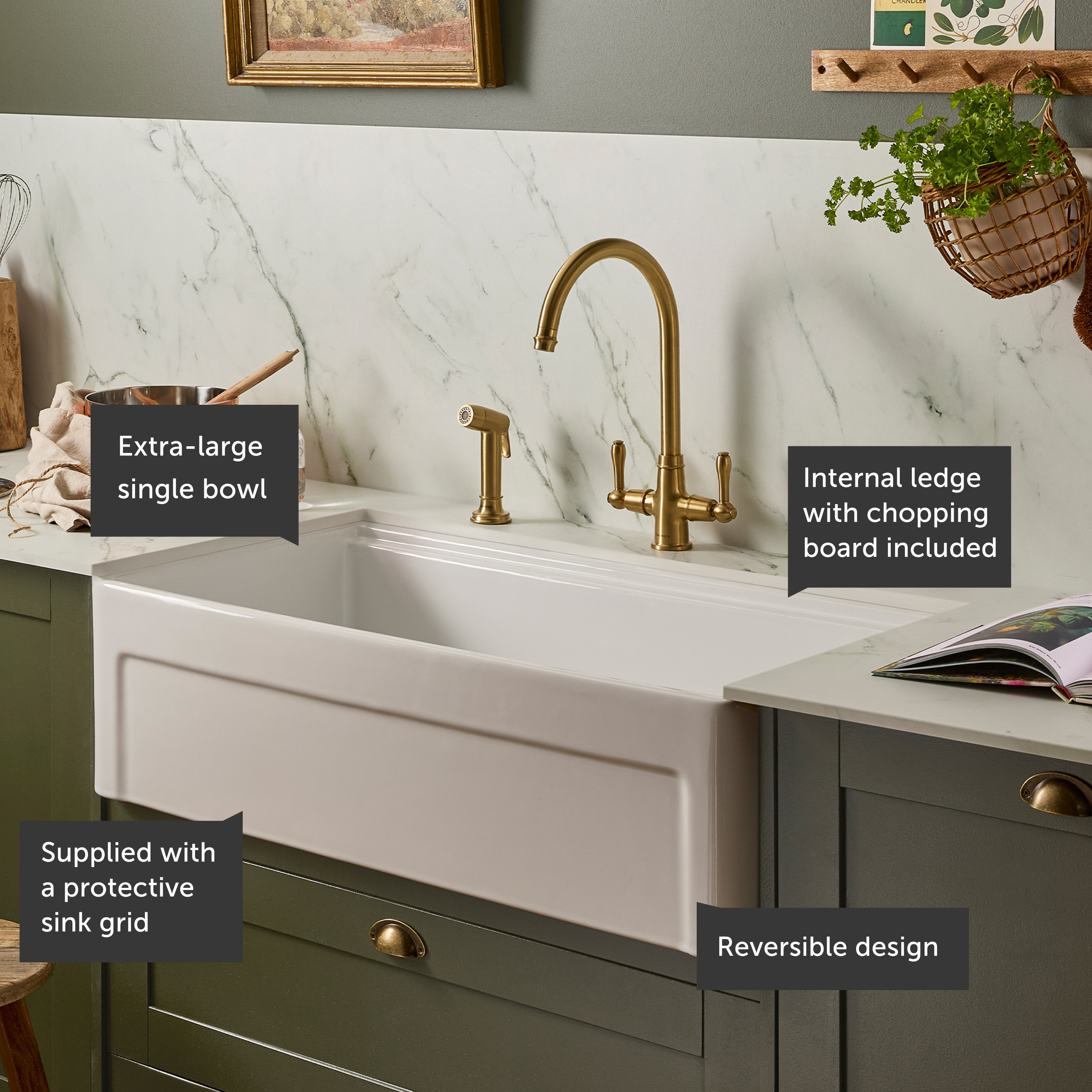 Thomas Denby Seaton Smart 1 Bowl Fireclay Ceramic Butler Workstation Kitchen Sink - 914 x 483mm