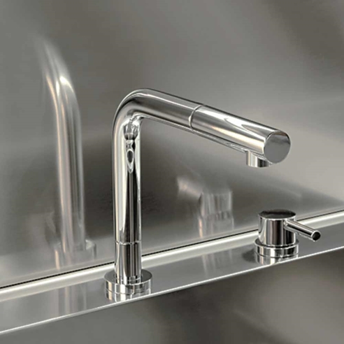Gessi Logic 2 Hole Brushed Nickel Kitchen Mixer with Triple Height Spout & Pull Out Spray