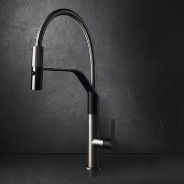 Gessi Mesh Single Lever Mono Kitchen Mixer with Woven Metal Pull Down Spout and Double Jet Spray - Brushed Nickel