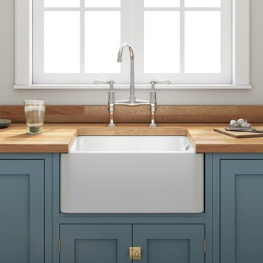 Fireclay Farmhouse Belfast White Ceramic Kitchen Sink & Waste with Weir Overflow - 600 x 450mm
