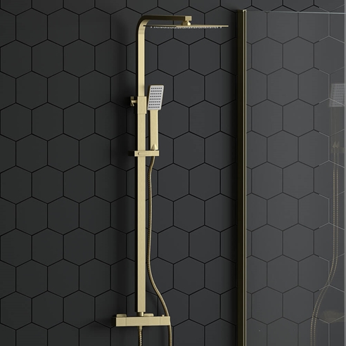 Drench Brushed Brass Square Thermostatic Rigid Riser Shower Kit