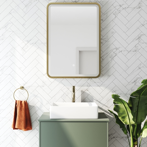 Harbour Clarity LED Illuminated Brushed Brass Framed Mirror with Demister Pad - 500 x 700mm