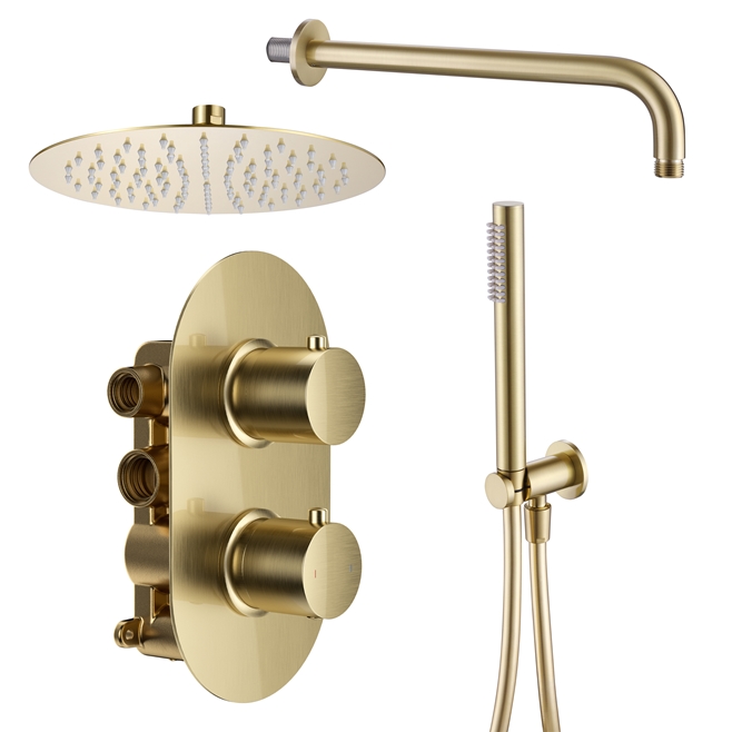 Harbour Clarity Brushed Brass Shower Package with 2 Outlet Valve, Fixed Head & Arm and Wall Shower Kit