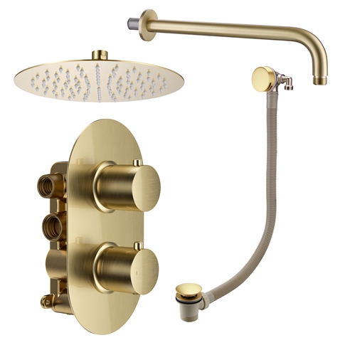 Harbour Clarity Brushed Brass Shower Package with 2 Outlet Valve, Fixed Head & Arm and Overflow Bath Filler