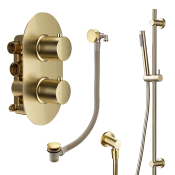 Harbour Clarity Brushed Brass Shower Package with 2 Outlet Valve, Slide Rail Kit and Overflow Bath Filler
