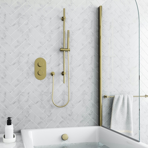 Harbour Clarity Brushed Brass Shower Package with 2 Outlet Valve, Slide Rail Kit and Overflow Bath Filler