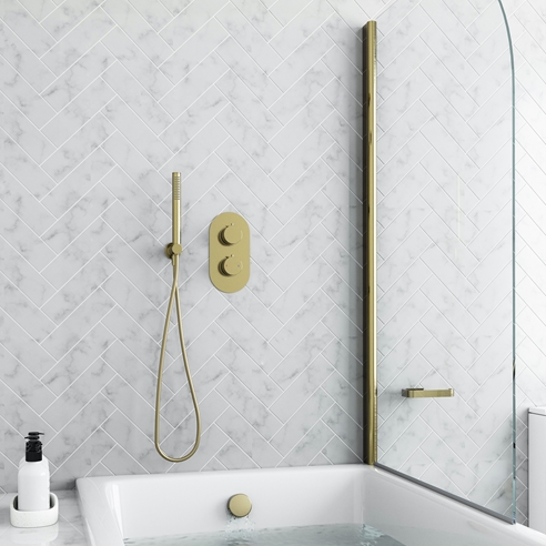 Harbour Clarity Brushed Brass Shower Package with 2 Outlet Valve, Wall Shower Kit and Overflow Bath Filler