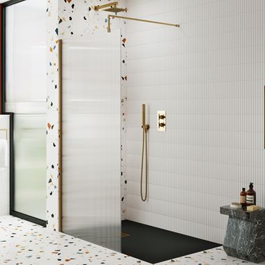 Harbour Contour Fluted Brushed Brass Glass Screen for Walk in Shower & Wetrooms - 800mm