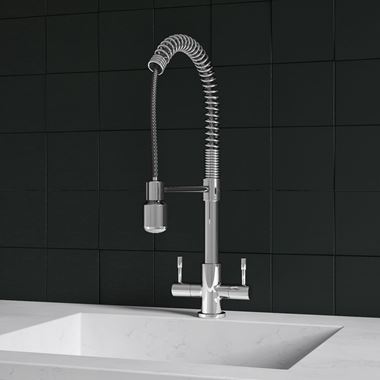 Harbour Groove Twin Lever Mono Kitchen Sink Mixer Tap with Pull Out Hose - Polished Chrome