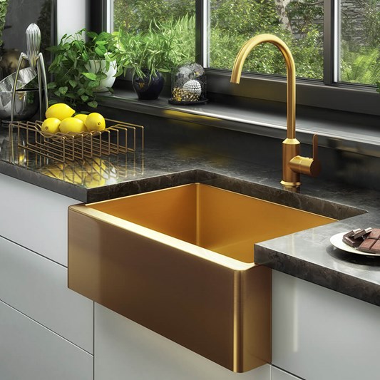 Vellamo Designer Belfast Single Bowl Brushed Gold Stainless Steel Kitchen Sink & Waste - 600 x 450mm