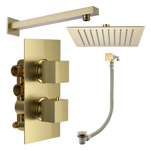 Harbour Status Brushed Brass Shower Package with 2 Outlet Valve, Fixed Head & Arm and Overflow Bath Filler