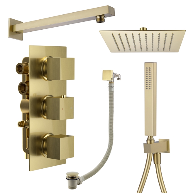 Harbour Status Brushed Brass Shower Package with 3 Outlet Valve, Fixed Head & Arm, Wall Shower Kit and Overflow Bath Filler