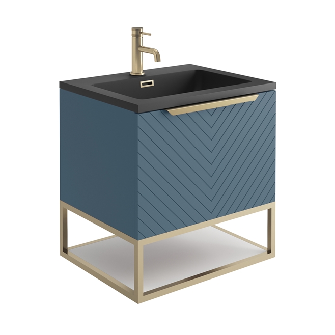 Harbour Symmetry 600mm Wall Hung Vanity Unit with Brushed Brass Frame Shelf and Handle & Basin