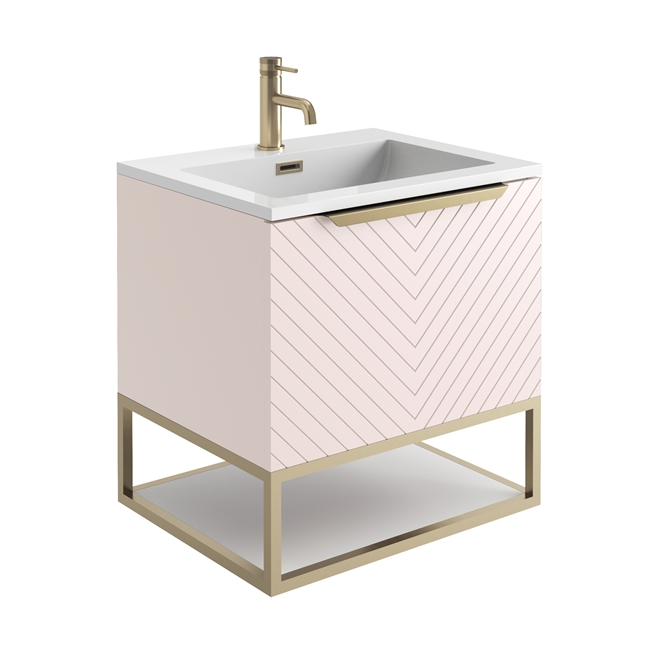 Harbour Symmetry 600mm Wall Hung Vanity Unit with Brushed Brass Frame Shelf and Handle & Basin
