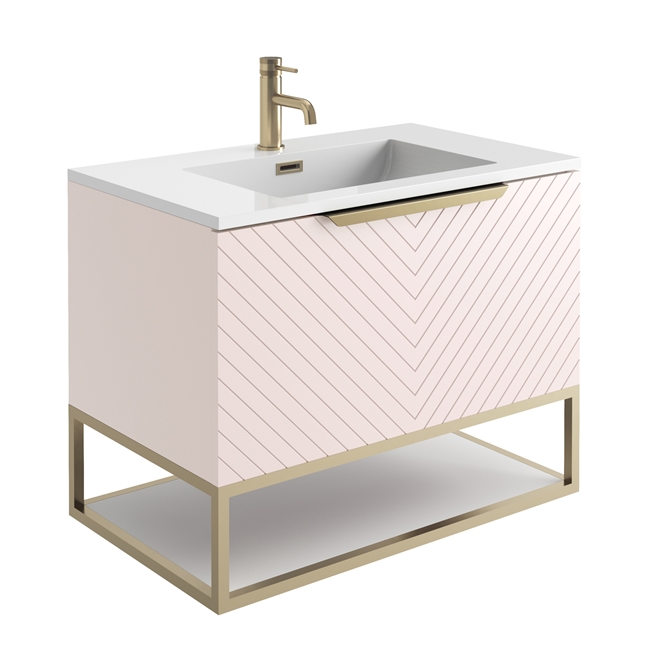 Harbour Symmetry 800mm Wall Hung Vanity Unit with Brushed Brass Frame Shelf and Handle & Basin