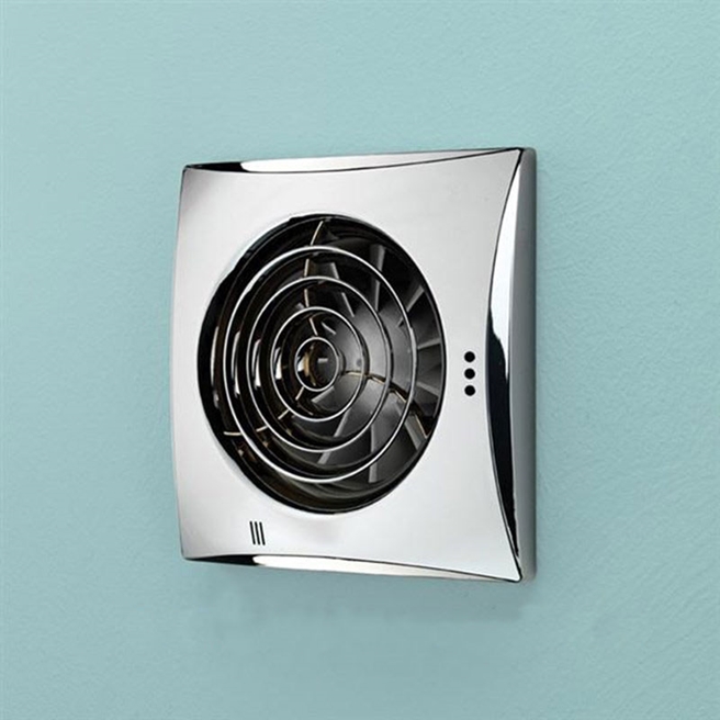 HIB Hush Chrome Wall or Ceiling Mounted Slimline Low Profile Fan with Timer & Humidity Sensor