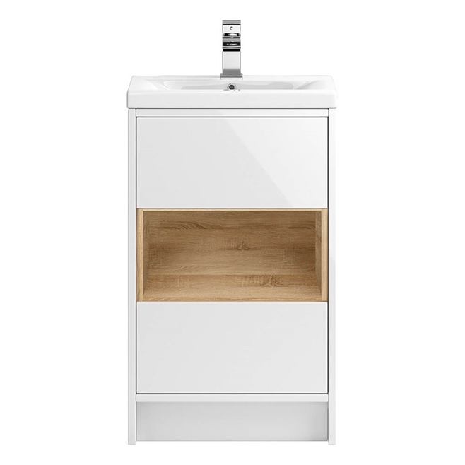 Hudson Reed Coast 500mm Floor Standing Vanity Unit and Basin - White Gloss & Driftwood