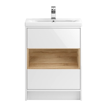 Hudson Reed Coast 600mm Floor Standing Vanity Unit and Basin - White Gloss & Driftwood