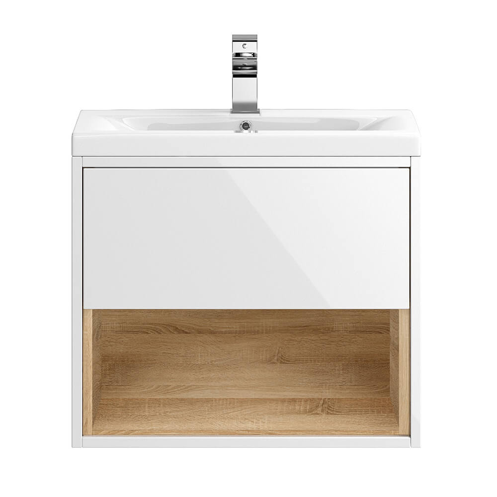 Gloss Grey/Driftwood Hudson Reed CST886E Coast ǀ Modern Bathroom Push Door and Open Shelved Wall Hung Vanity Unit with 1 Tap Hole Mid Edge Basin 600mm 600mm x 500mm x 390mm 