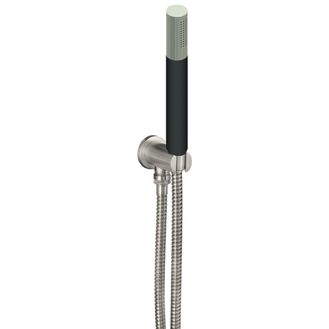 Inox Round Water Outlet and Holder With Metal Hose and Slim Black Hand Shower - Brushed Stainless Steel