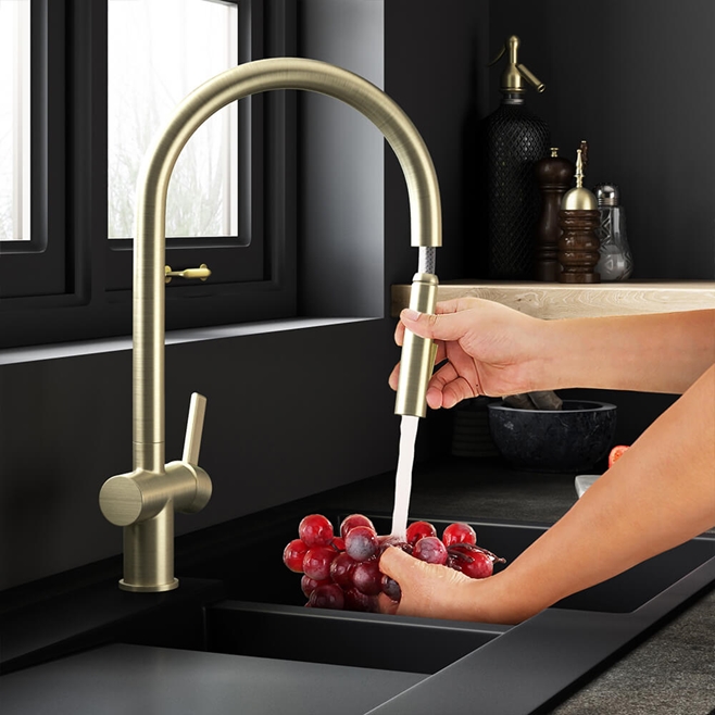 Just Taps VOS Pull Out Single Lever Mono Kitchen Mixer - Brushed Brass