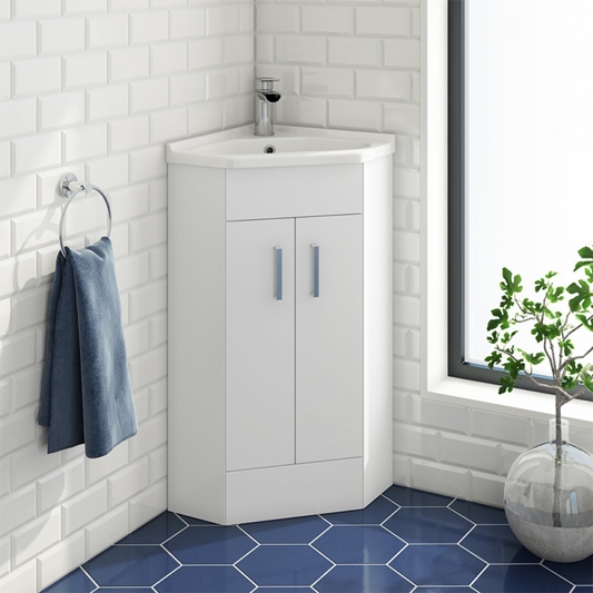 Vellamo Alpine White Gloss 2 Door, Corner Bathroom Vanity Sink Unit