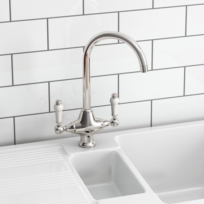 Rangemaster Classic Belfast 1 Bowl White Fireclay Ceramic Sink & Waste and Butler & Rose Victoria Traditional Mono Kitchen Mixer Tap