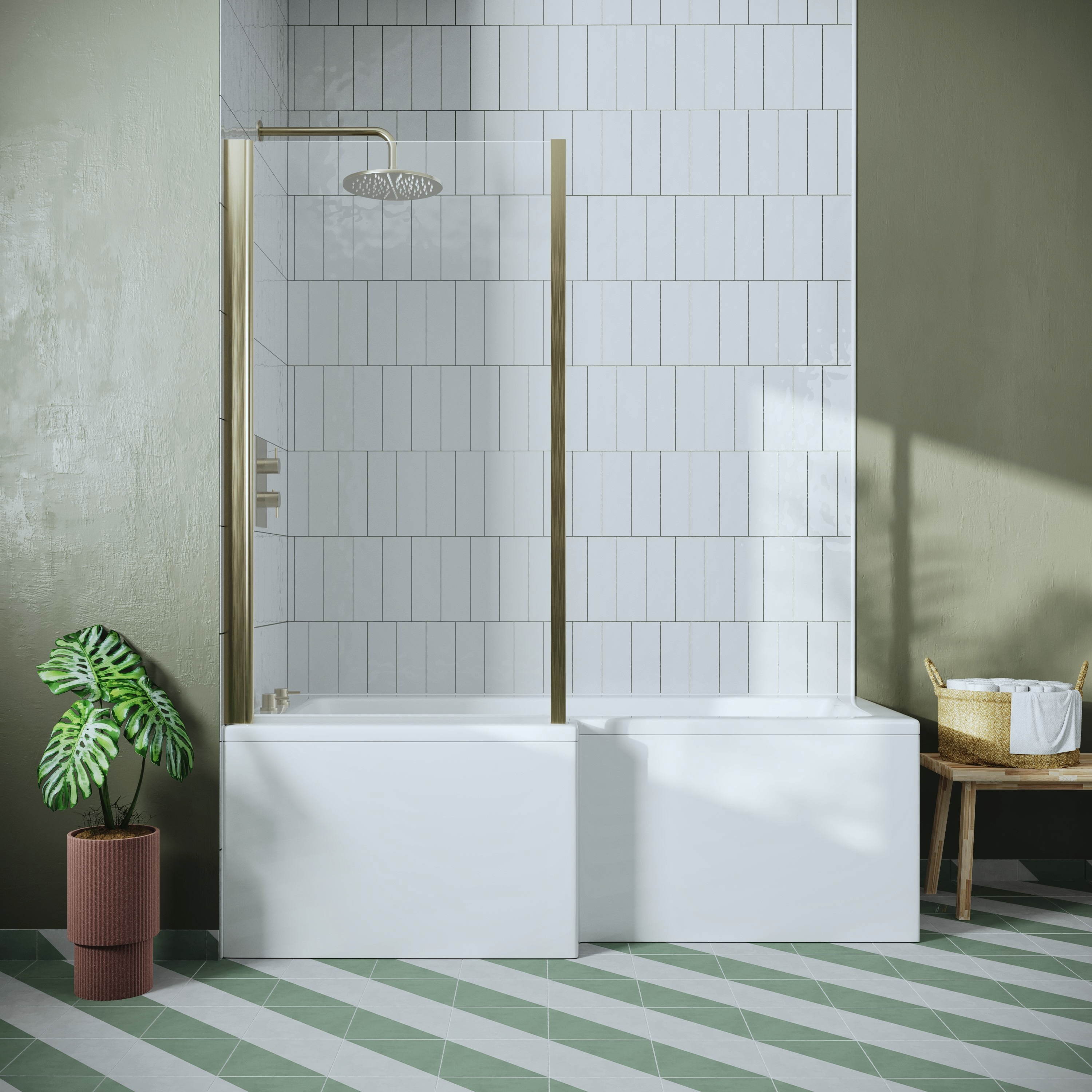 Drench Brushed Brass L-Shaped Bath Screen With Fixed Return - 1435 x ...