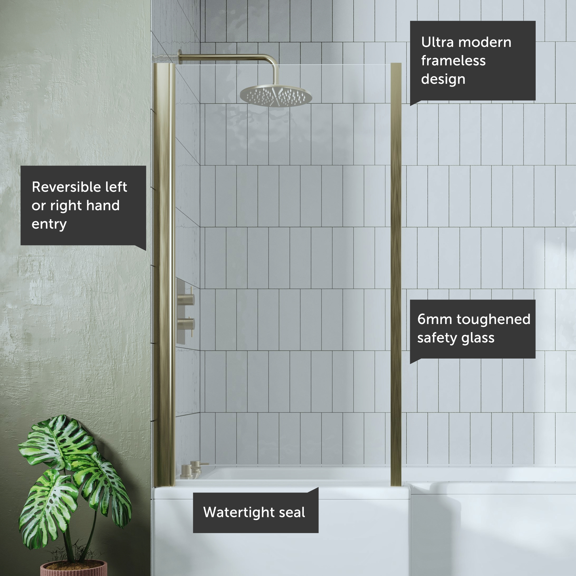 Drench Brushed Brass L-Shaped Bath Screen With Fixed Return - 1435 x ...