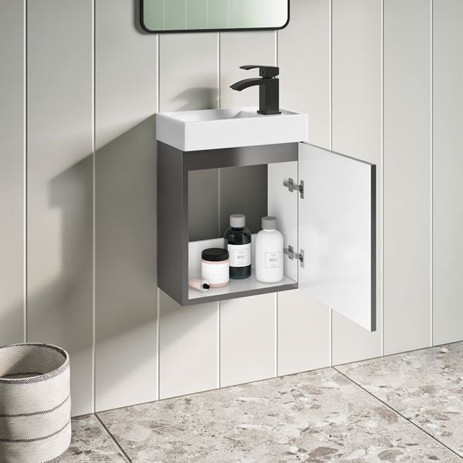 Maisie Compact 400mm Mini Cloakroom Wall Hung Vanity Unit with Black Handle & Basin - Anthracite